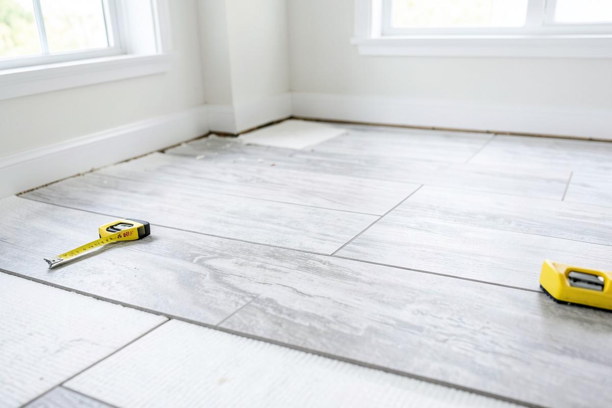 Laminate flooring installation with tools and materials